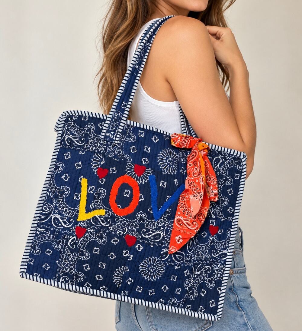 POL Quilted Bandana LOVE Tote Bag – Navy Blue
